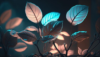  a group of leaves that are glowing in the dark night sky, with a blue light coming from the leaves of the plant in the foreground.  generative ai
