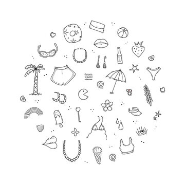 Doodle set of travel summer vacation elements, bikini, shorts, lips, palm, lollipop, umbrella, ball, glasses, ice-cream, shells, sea star. Hand drawn sketch style. Travel elements combined into a