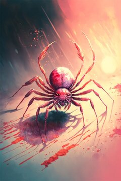 spider sitting on top of a rock covered in blood