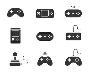 Gamepad icon set. Black colored. White background. 