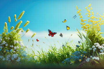 Summer Meadow With Butterflies against a blue sky