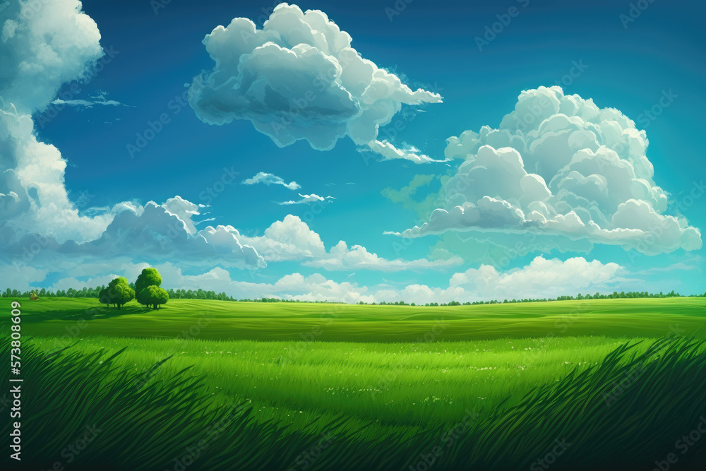 Poster the green grass of a field against the azure sky and clouds. generative ai