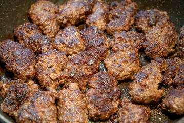 Grilled meatballs in a pan, traditional Turkish food concept