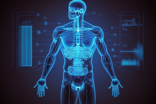 Digital x-ray human body holographic scan projection on dark blue background 3D rendering. The human body, organs, and brain scan with pictures. Generative AI