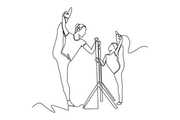 Continuous one line drawing Ballet school teacher helps young ballerinas practice in class. Class in action concept. Single line draw design vector graphic illustration.