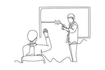 Continuous one line drawing students ask the teacher in class. Class in action concept. Single line draw design vector graphic illustration.