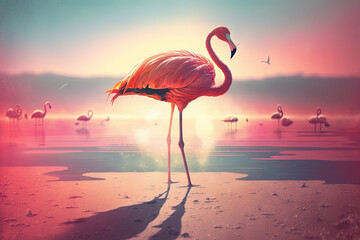 Fototapeta na wymiar Conceptualization of a summertime quirk, a pink flamingo in a filter enhanced, lens flare adorned scene on an otherwise tranquil beach. Generative AI