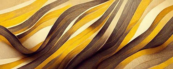 Panoramic wide scale abstract background with three dimensional waves, yellow, golden and brown wavy lines - Wallpaper design, illustration made by Generative AI