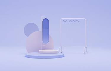 Creative interior design in pastel purple studio with Clothes hanging on a rack, plant pot and podium.  Trend colour year 2023 in the room.3d render	