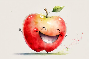 Watercolour cute smiling apple cartoon character. Generative Ai