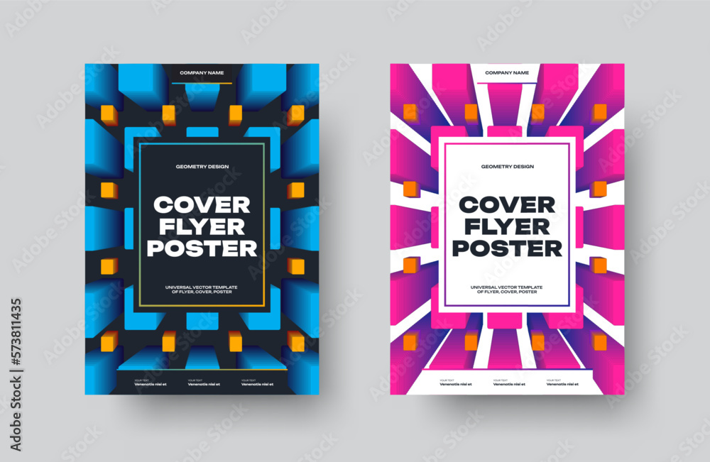 Poster set of vector covers with blue, pink dynamic frame, gradient design with white, black text plate in 