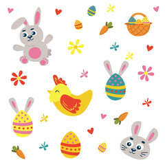 Set of Easter design elements. Eggs, chicken, rabbit, flowers, basket.
