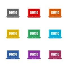 Laptop with demo icon isolated on white background. Set icons colorful
