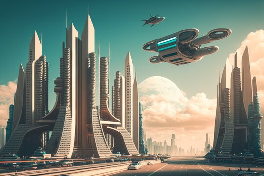 Futuristic city skyline with towering skyscrapers and flying cars. | generative AI
