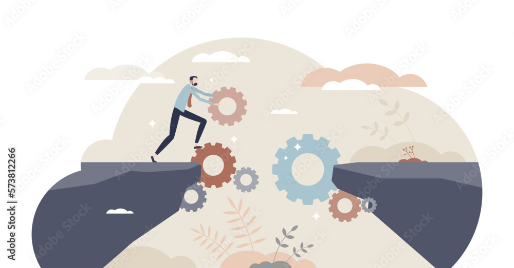 Poster bridging the gap using business technology and automation tiny person concept, transparent backgroun