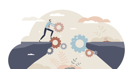 Bridging the gap using business technology and automation tiny person concept, transparent background. Smart and effective leadership with problem solution and tech assistance illustration.