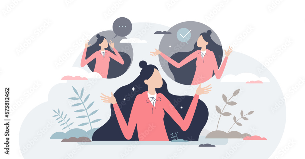 Poster inner judge as different opinions perspectives thinking tiny person concept, transparent background.