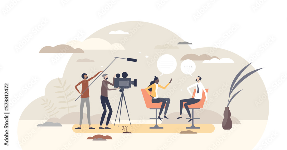Poster journalism in television with live interview broadcasting tiny person concept, transparent backgroun