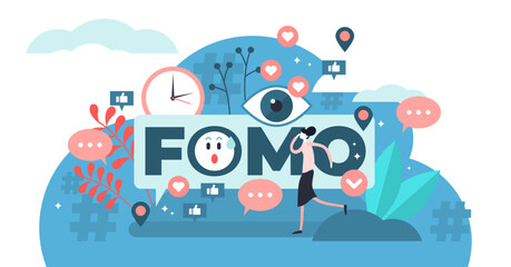 Fototapeta na wymiar FOMO illustration, transparent background. Flat tiny fear of missing out person concept. Social anxiety cause and symptom to be with pervasive apprehension or afraid from absent regrets.