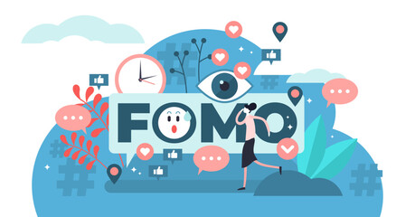 Fototapeta premium FOMO illustration, transparent background. Flat tiny fear of missing out person concept. Social anxiety cause and symptom to be with pervasive apprehension or afraid from absent regrets.