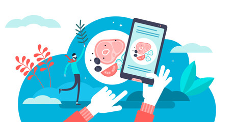 Food blogging illustration, transparent background. Flat tiny meal pictures taking person concept. Gourmet description and artistic photos sharing in social media. Modern occupation and hobby.