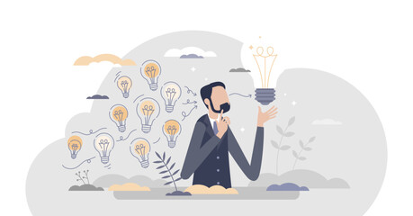 Gather ideas and choose best from many after brainstorm tiny person concept, transparent background. Creative and innovative process with critical thinking illustration.