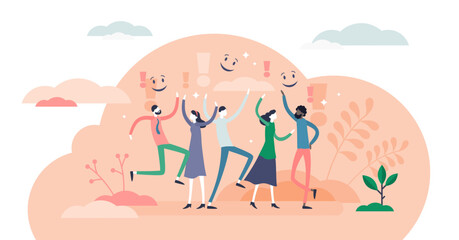 Joy concept, flat tiny person illustration, transparent background. Happy people jumping and waving with hands. Joyful group of persons together celebrating life success. Cheerful event activity.