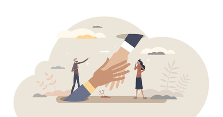 Support and help with advice or solution in job trouble tiny person concept, transparent background. Giving hand in business difficulties from partners illustration.