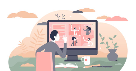 Video conferencing illustration, transparent background. Distance conversation with work colleague flat tiny person concept. Online contact meeting.