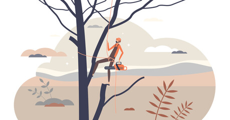 Arborist as professional tree cutting work occupation tiny person concept, transparent background. Pruning service for forest trimming job illustration. Lumberjack with chainsaw equipment.