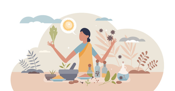 Ayurvedic medicine as alternative holistic body healing tiny person concept, transparent background. Indian culture practice with herbs and spices eating for spiritual health.