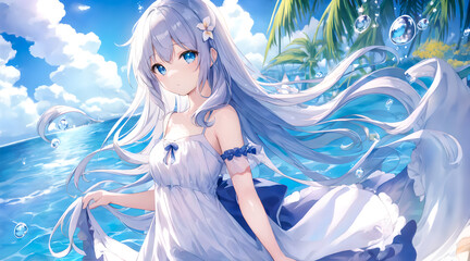 Fototapeta premium Sexy anime japanese girl big blue eyes on sea