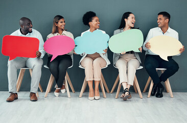 Business people, group and speech bubble in office for recruitment, comic laughing and team opinion...