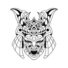 Obraz premium Samurai mask armor design vector black and white illustration.