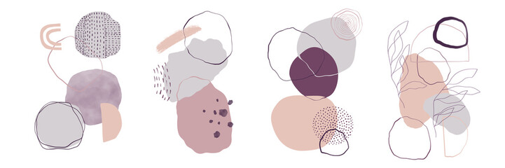 Collection of modern abstract art. A set of spots, smooth shapes and lines, paint strokes, texture brush, contour drawing. Isolated on white background.