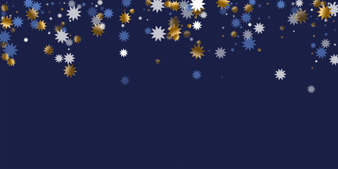 Random Christmas star holiday ornament illustration. Gold blue white sparkle confetti. Banner