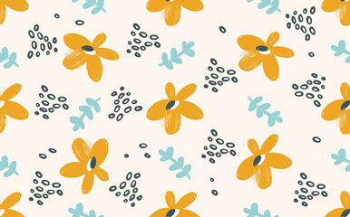 Trendy vector seamless repeating pattern with hand drawn flowers, dots,and leaves.