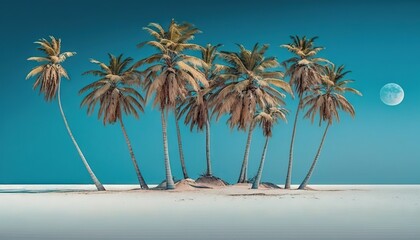 Fototapeta na wymiar a group of palm trees sitting on top of a sandy beach under a blue sky with a half moon in the distance behind them photo. generative ai