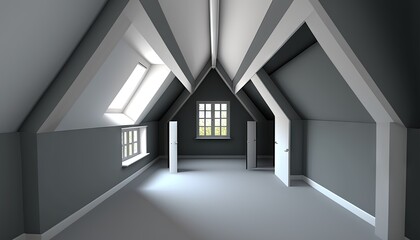  an empty room with two windows and a door in the middle of the room with a slanted ceiling and a window on the far side of the room.  generative ai