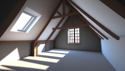  an empty room with a window and a slanted ceiling with beams and a slanted ceiling with a window and a slanted wall.  generative ai