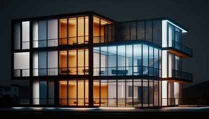  a large building with lots of windows and lights on it's sides at night time with a full moon in the sky above it.  generative ai