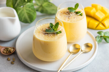 Lassi with mango, traditional indian drink, selective focus - obrazy, fototapety, plakaty