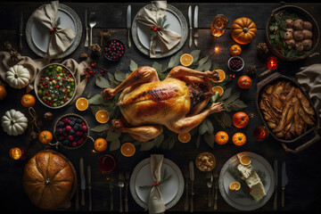 a large festive table with food and a large roasted turkey Generative AI