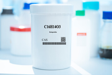 C16H14O3 ketoprofen CAS  chemical substance in white plastic laboratory packaging