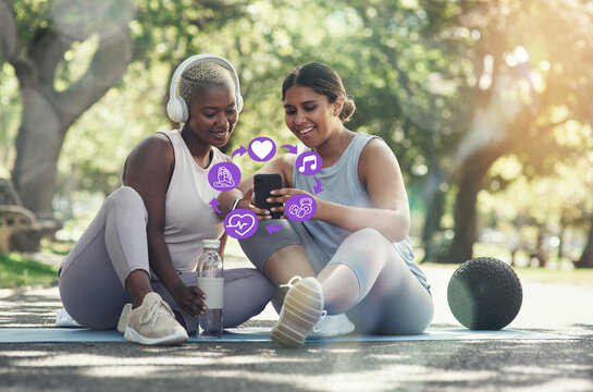 Smartphone, app icons and fitness with women and yoga with exercise application for weightloss. Social media, overlay and health with pilates, headphones and music with friends, real and plus size - Powered by Adobe