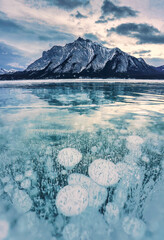 View of Abraham Lake with natural bubbles frost in the morning on winter at Banff national park