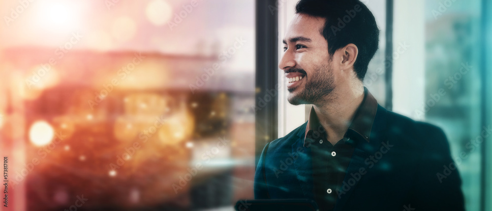 Aufkleber businessman, smile and office with space, bokeh and blurred background for mock up with goals. young