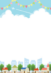 飛行機雲と旗の街並み背景ヨコ