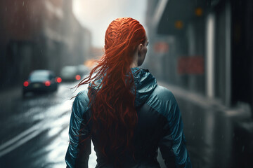 Obraz premium Red hair female athlete running/ jogging on street after raining, generative ai