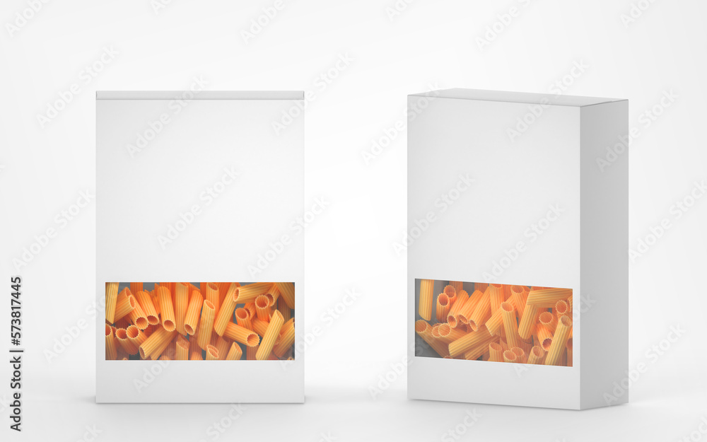 Poster pasta in white paper box with transparent plastic window 3d render. realistic set of empty packaging